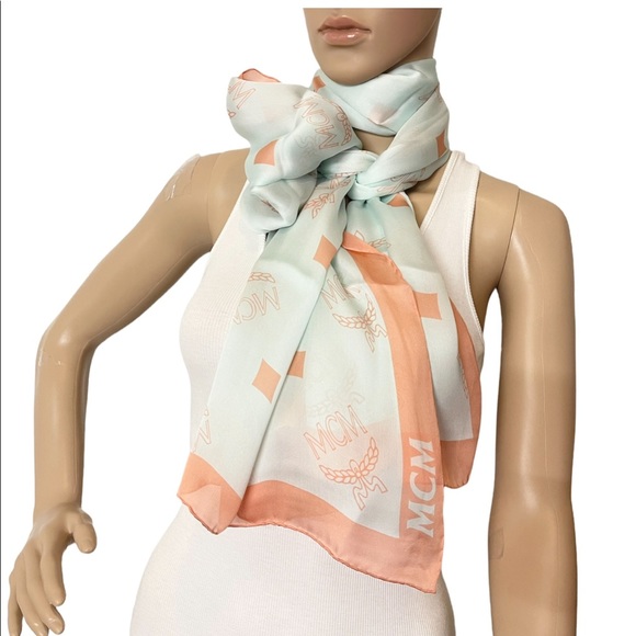 MCM Silk Logo Moonlight Jade Long Scarf Summer Shawl - Picture 4 of 14